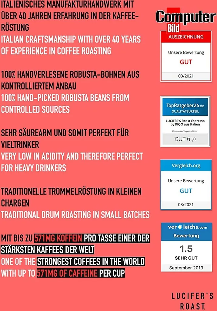 LUCIFER'S ROAST 4x1kg Espresso By KIQO Aus Italien - Starke Kaffeebohnen Für Kaffeevollautomaten Und Siebträger - Säurearm - 100% Robusta (ganze Bohnen, 4x1kg) 5 LUCIFER'S ROAST 4x1kg Espresso By KIQO Aus Italien - Starke Kaffeebohnen Für Kaffeevollautomaten Und Siebträger - Säurearm - 100% Robusta (ganze Bohnen, 4x1kg) – Bild 3